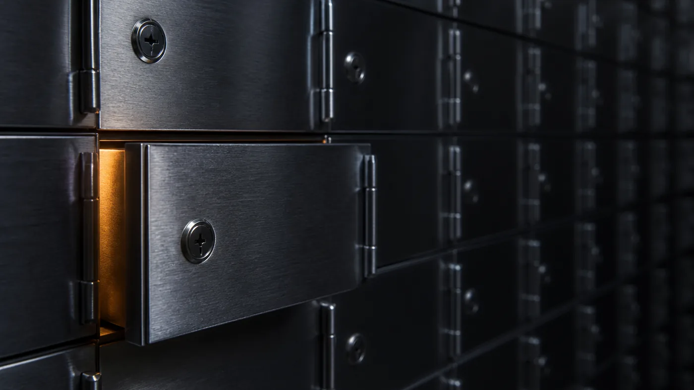 A dark grid of blank brushed steel safe deposit box fronts with one drawer withdrawn slightly, warm light showing in the gap