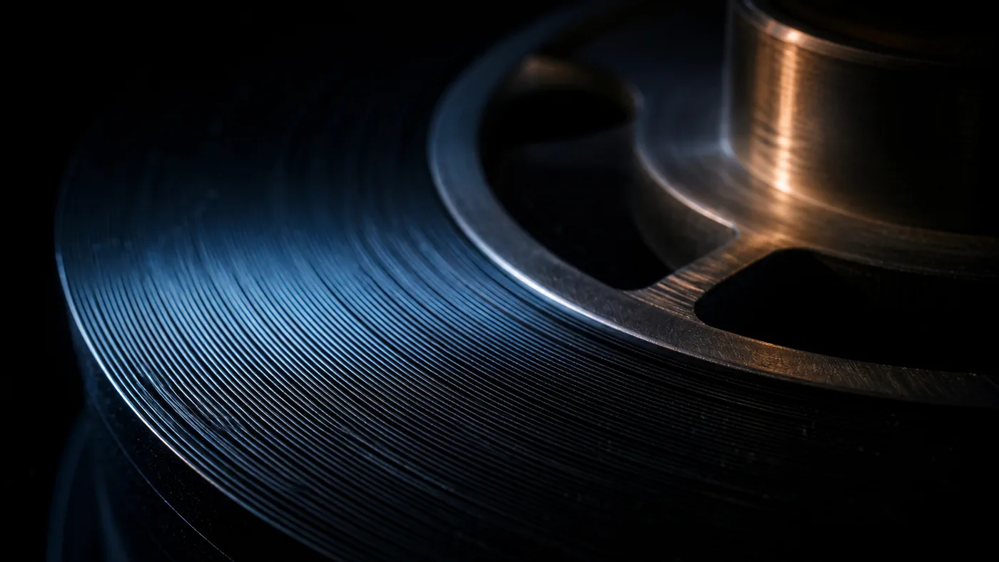 Macro view of the tightly wound edges of magnetic archive tape on a bare metal reel hub, lit by a single cold light